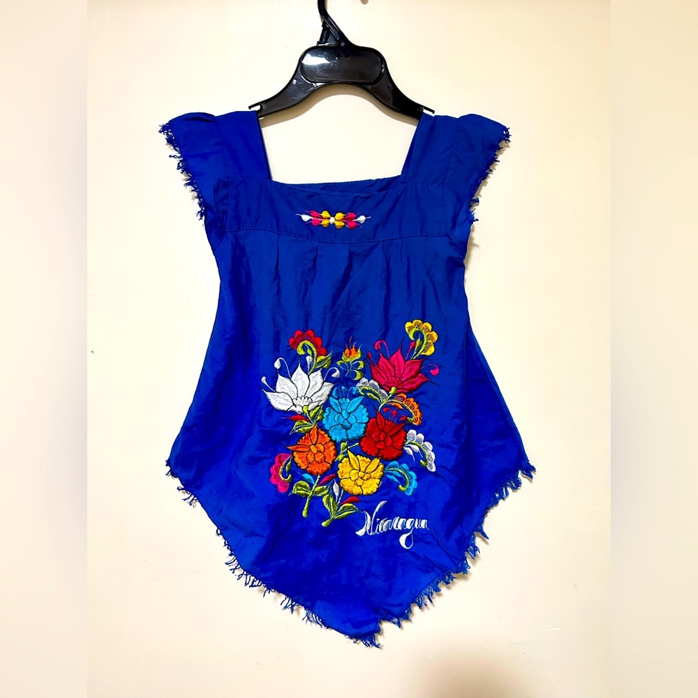 Girl Floral Embroidery blue Nicaraguan dress, Girl size:6